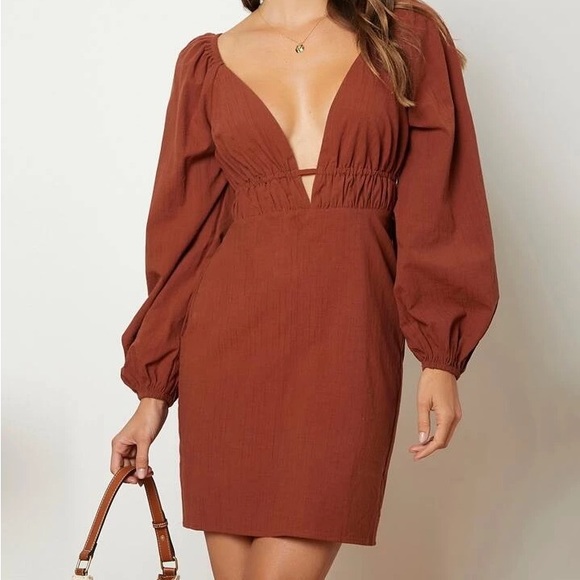 Plunging neck puffy sleeve dress - Picture 1 of 2